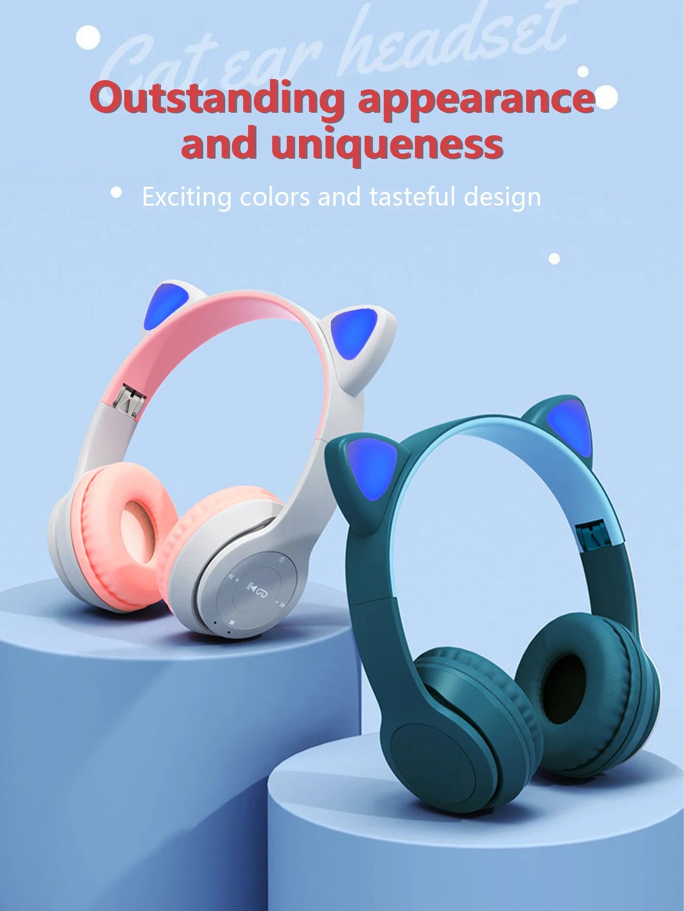 Auscultadores com tecnologia sem fios, Jerry Chip, brilhando intensamente, auscultadores sem fios com orelhas de gato