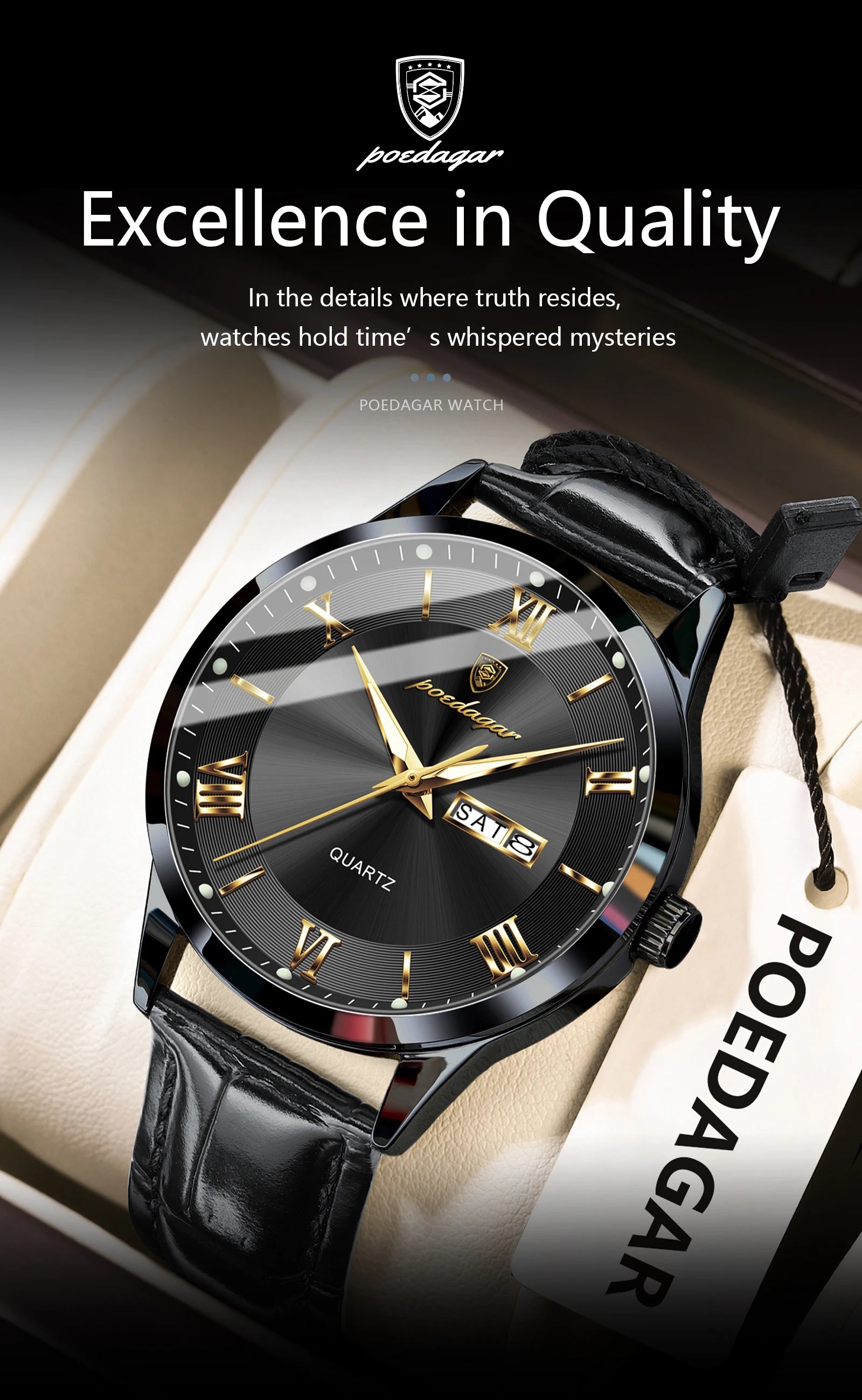 Relógio de pulso de luxo POEDAGAR para homem, à prova de água, com luminescência, data e indicador de semana, em pele, com mecanismo de quartzo. Um relógio de pulso masculino requintado.