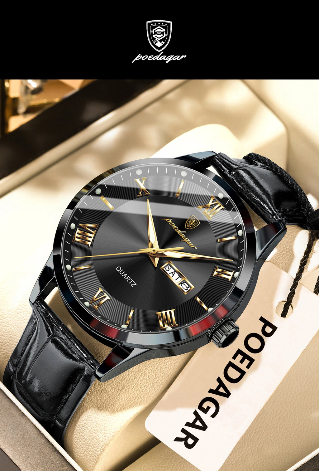 Relógio de pulso de luxo POEDAGAR para homem, à prova de água, com luminescência, data e indicador de semana, em pele, com mecanismo de quartzo. Um relógio de pulso masculino requintado.