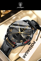 Relógio de pulso de luxo POEDAGAR para homem, à prova de água, com luminescência, data e indicador de semana, em pele, com mecanismo de quartzo. Um relógio de pulso masculino requintado.