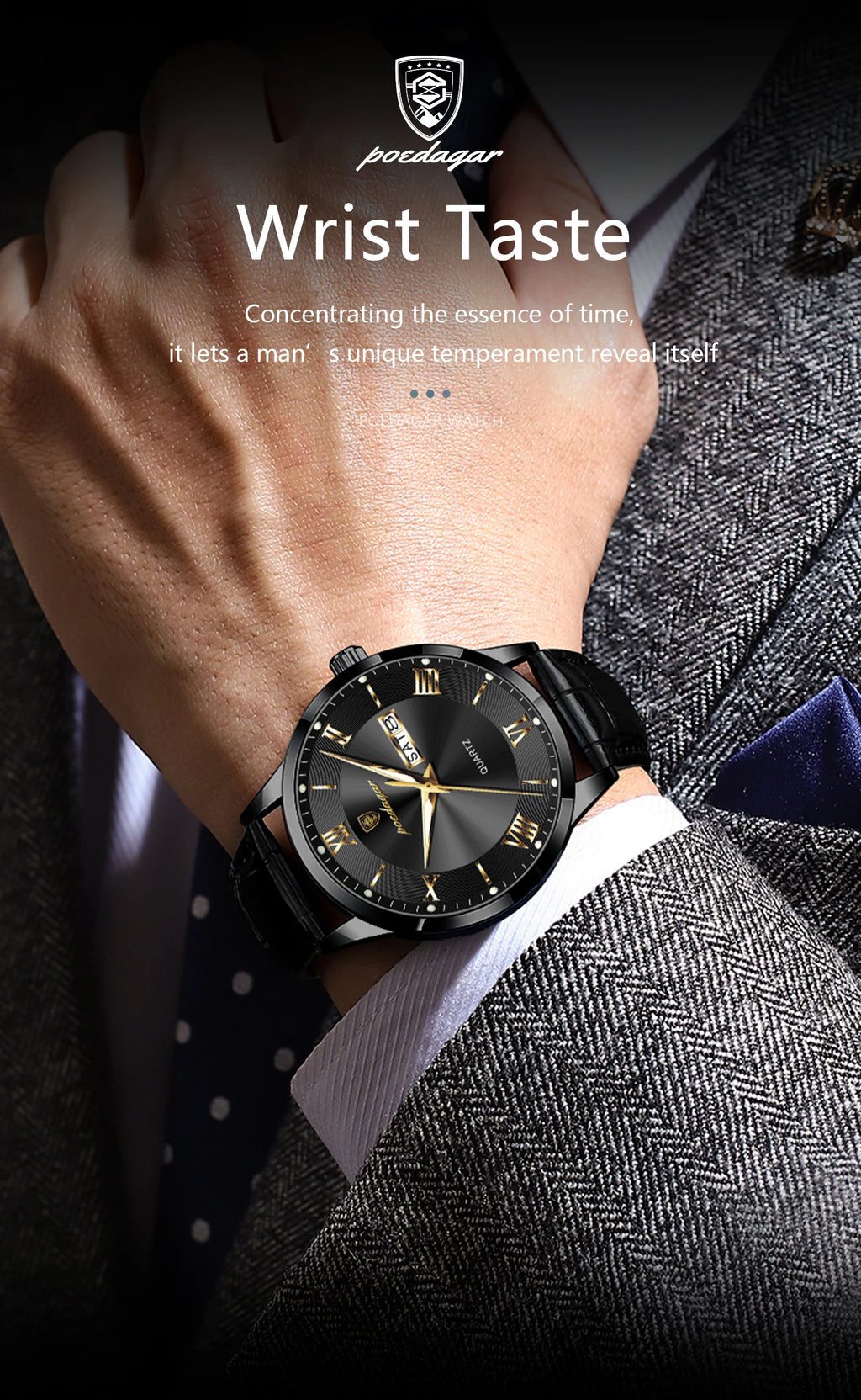 Relógio de pulso de luxo POEDAGAR para homem, à prova de água, com luminescência, data e indicador de semana, em pele, com mecanismo de quartzo. Um relógio de pulso masculino requintado.