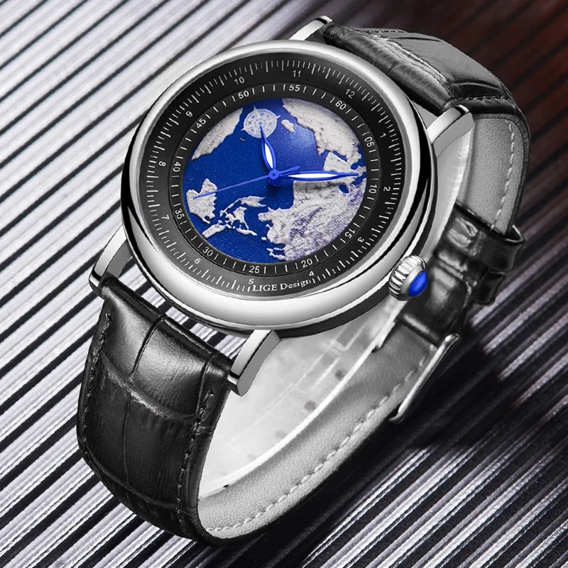 Relógio de pulso para homem LIGE Fashion Casual Quartz, em pele, luxuoso, estilo militar, desportivo, à prova de água, com um design inspirado na Terra e no Oceano.