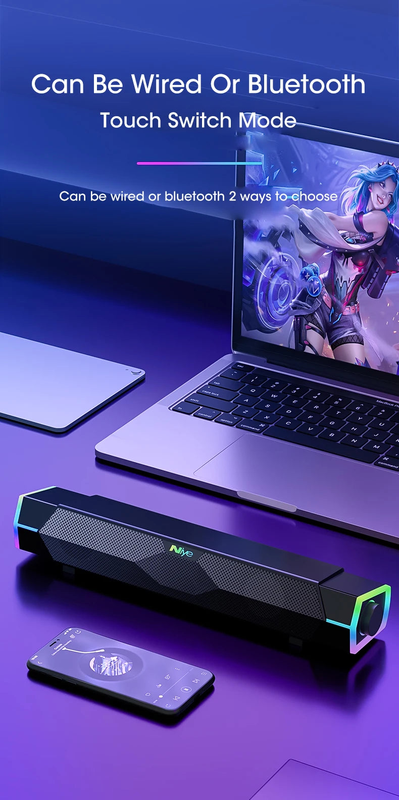 Coluna de Som 4D para Computador Bluetooth 5.0 com Fio, Som Surround, Barra de Som Estéreo com Subwoofer para Portátil, Notebook e PC