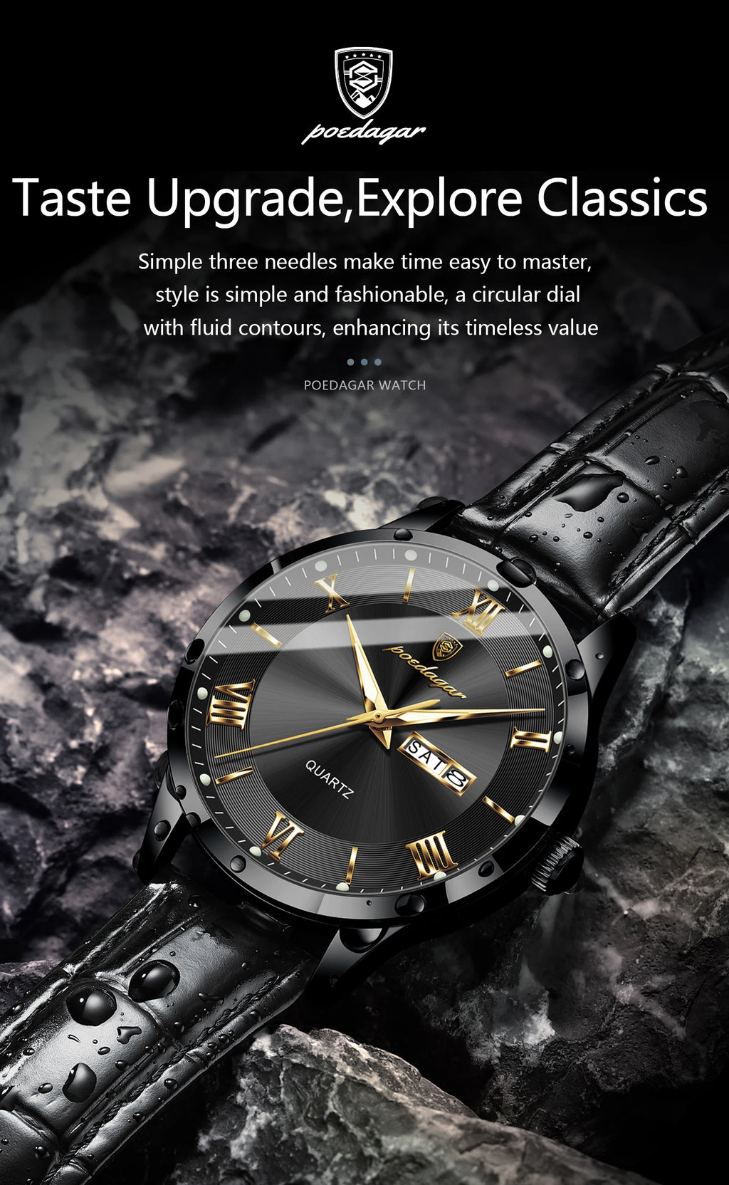 Relógio de pulso de luxo POEDAGAR para homem, à prova de água, com luminescência, data e indicador de semana, em pele, com mecanismo de quartzo. Um relógio de pulso masculino requintado.
