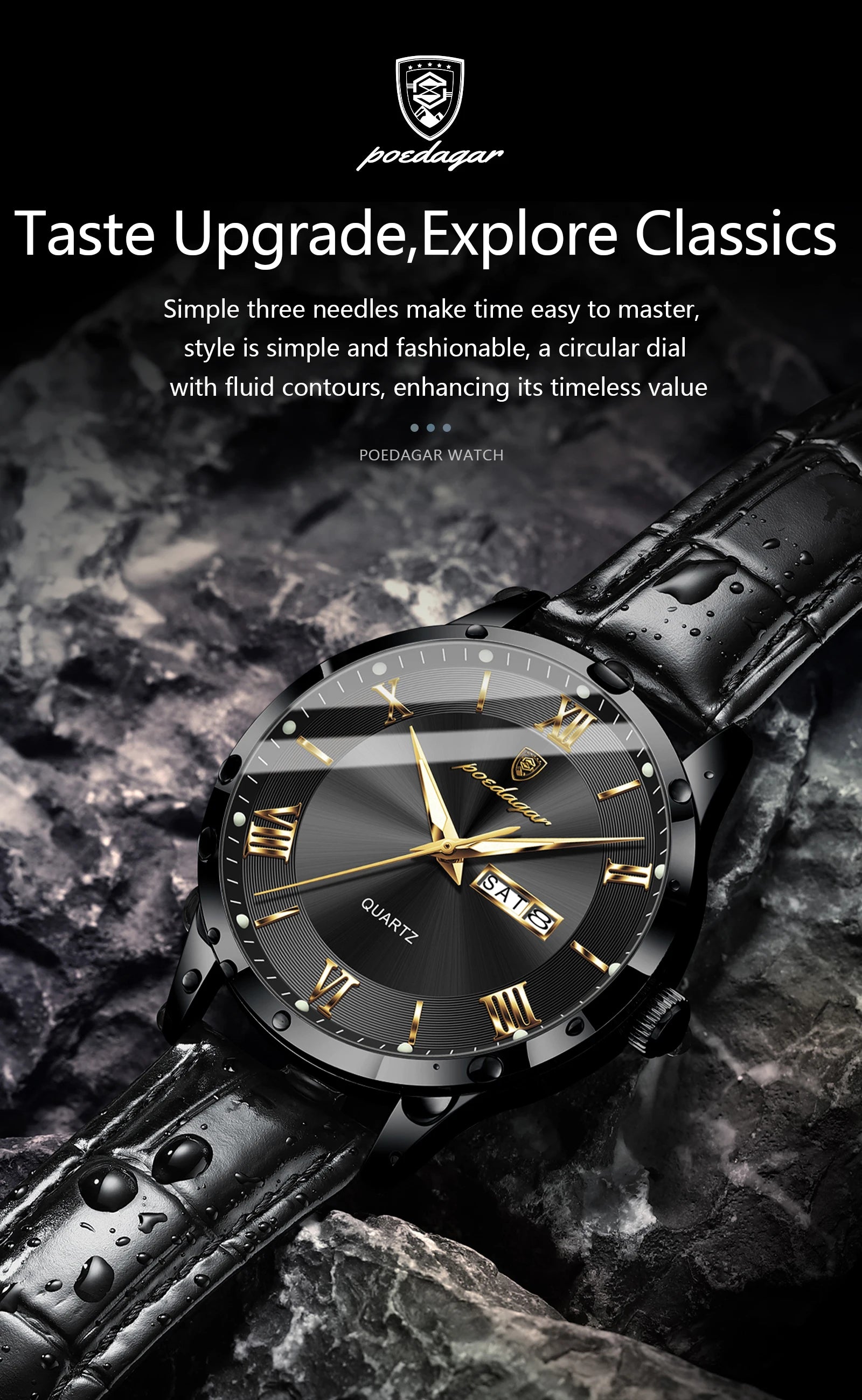 Relógio de pulso de luxo POEDAGAR para homem, à prova de água, com luminescência, data e indicador de semana, em pele, com mecanismo de quartzo. Um relógio de pulso masculino requintado.