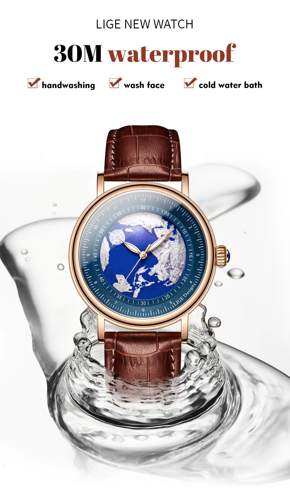 Relógio de pulso para homem LIGE Fashion Casual Quartz, em pele, luxuoso, estilo militar, desportivo, à prova de água, com um design inspirado na Terra e no Oceano.