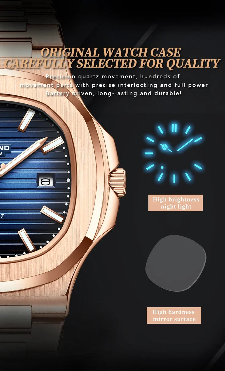 Novo relógio masculino casual de negócios em ouro rosa