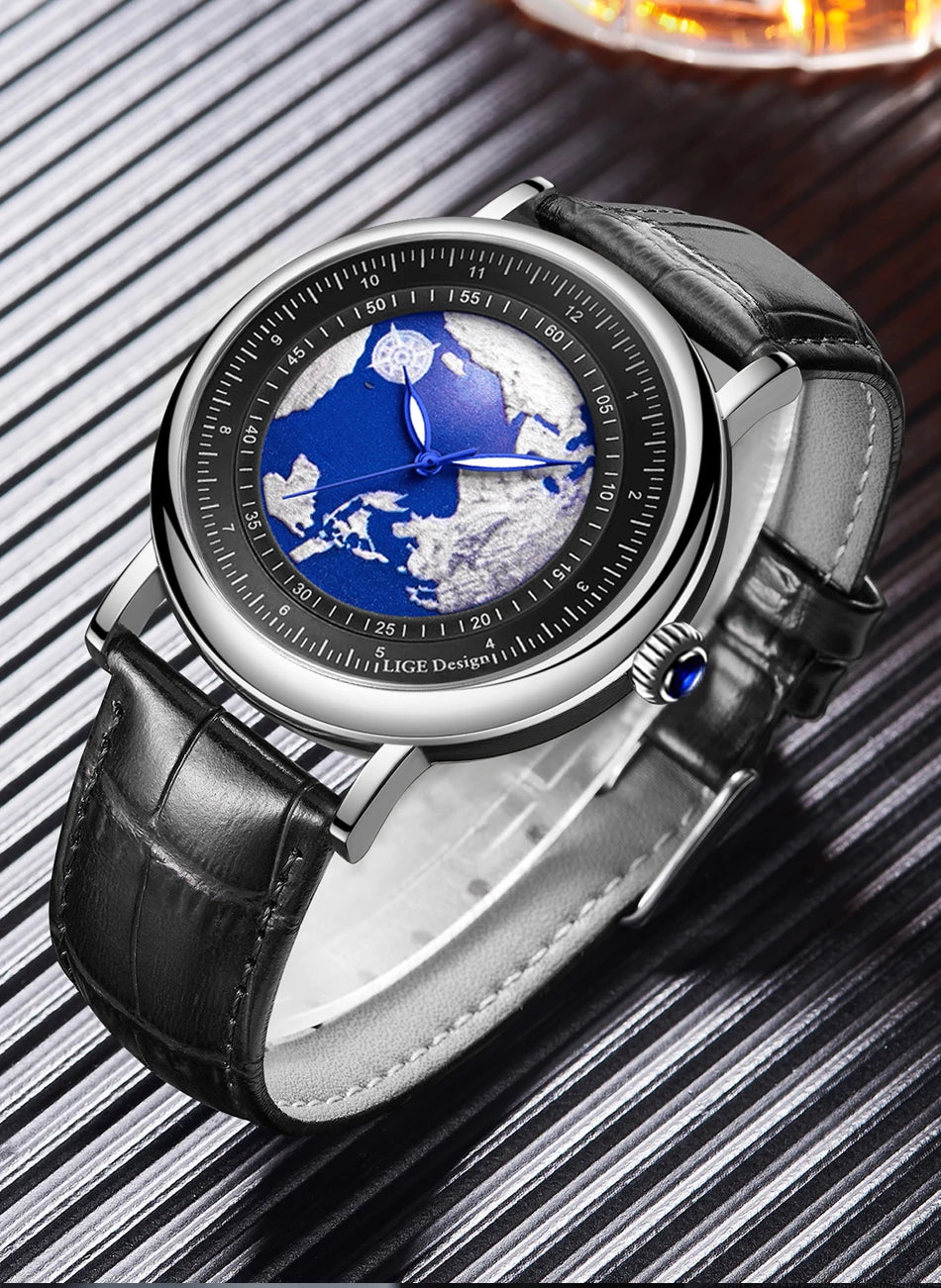 Relógio de pulso para homem LIGE Fashion Casual Quartz, em pele, luxuoso, estilo militar, desportivo, à prova de água, com um design inspirado na Terra e no Oceano.