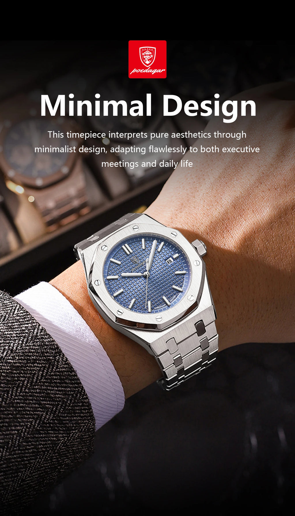 Relógio de pulso de luxo para homem, POEDAGAR, original, com data, luminoso, à prova de água, em aço inoxidável, estilo executivo e moderno, com mecanismo de quartzo.