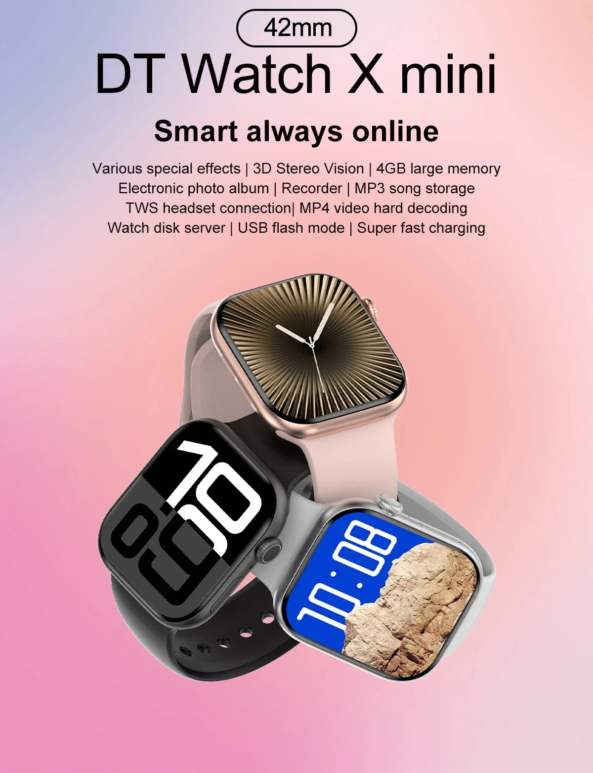Novo Smartwatch DT Watch X Mini com Menu 3D, Vídeo, TWS, IA, Voz, Bússola, Teste de Saúde e Desporto, Música e Ecrã AMOLED de 1,85 polegadas para Mulher.