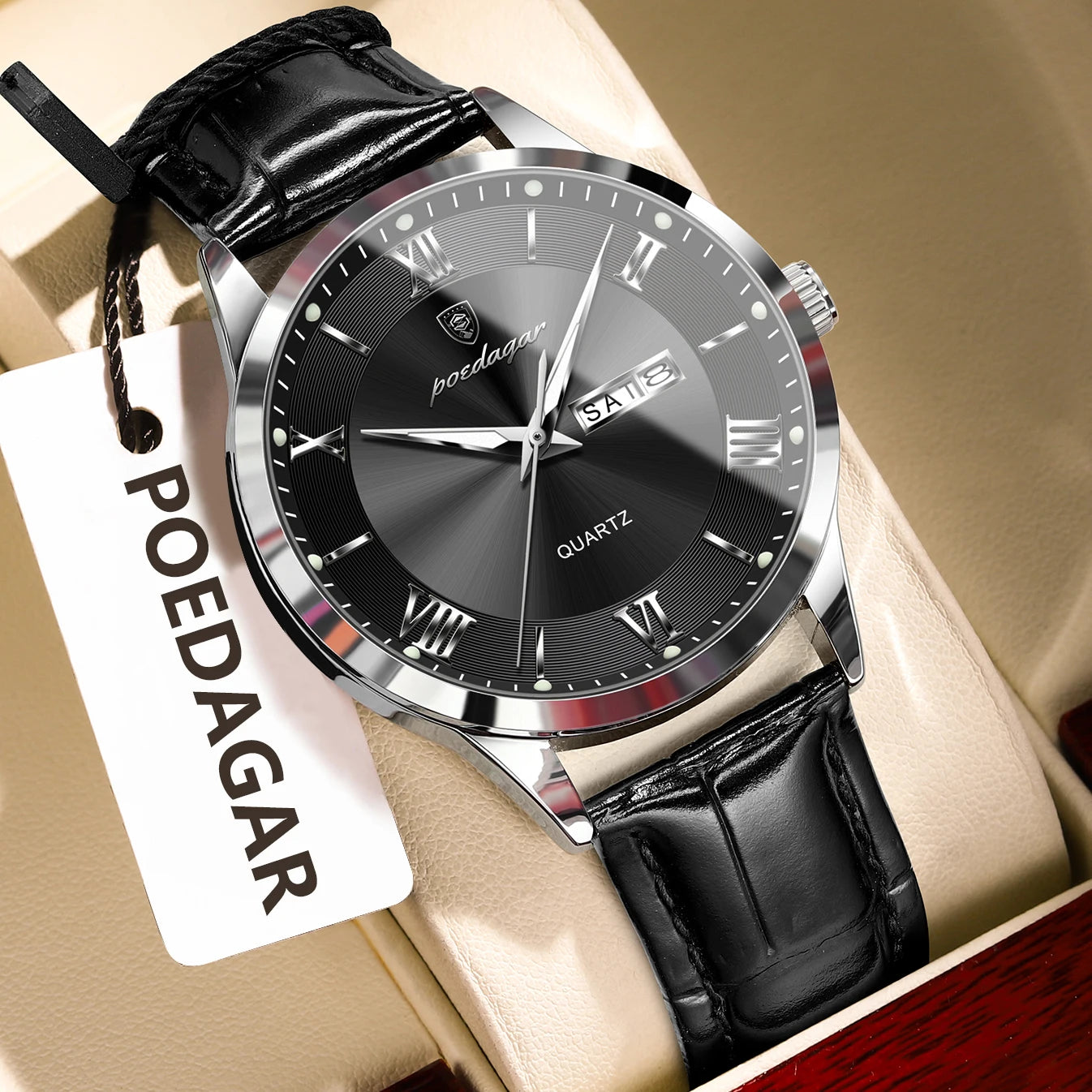 Relógio de pulso de luxo POEDAGAR para homem, à prova de água, com luminescência, data e indicador de semana, em pele, com mecanismo de quartzo. Um relógio de pulso masculino requintado.