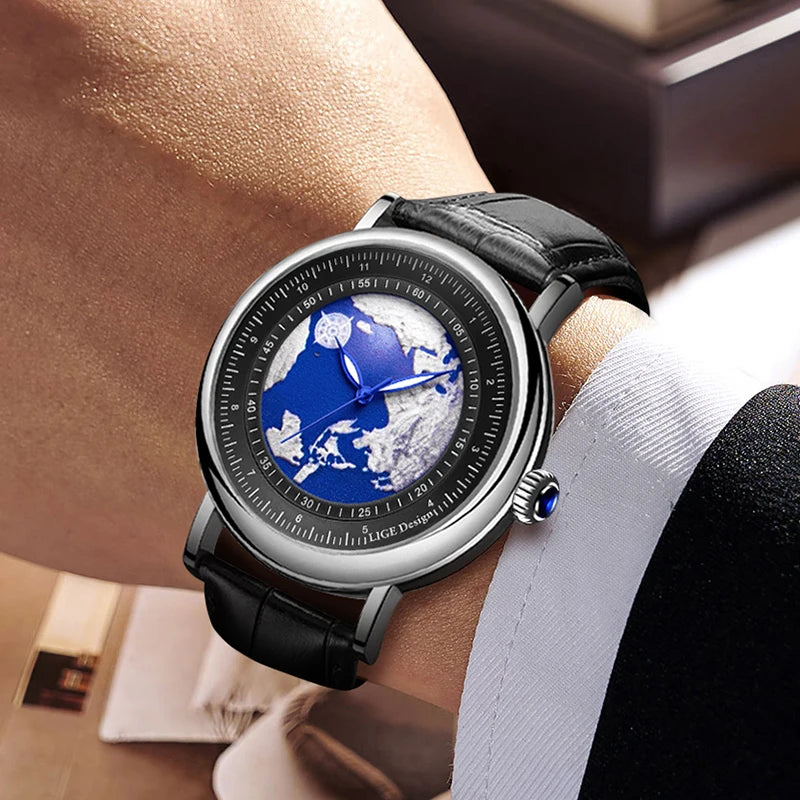 Relógio de pulso para homem LIGE Fashion Casual Quartz, em pele, luxuoso, estilo militar, desportivo, à prova de água, com um design inspirado na Terra e no Oceano.