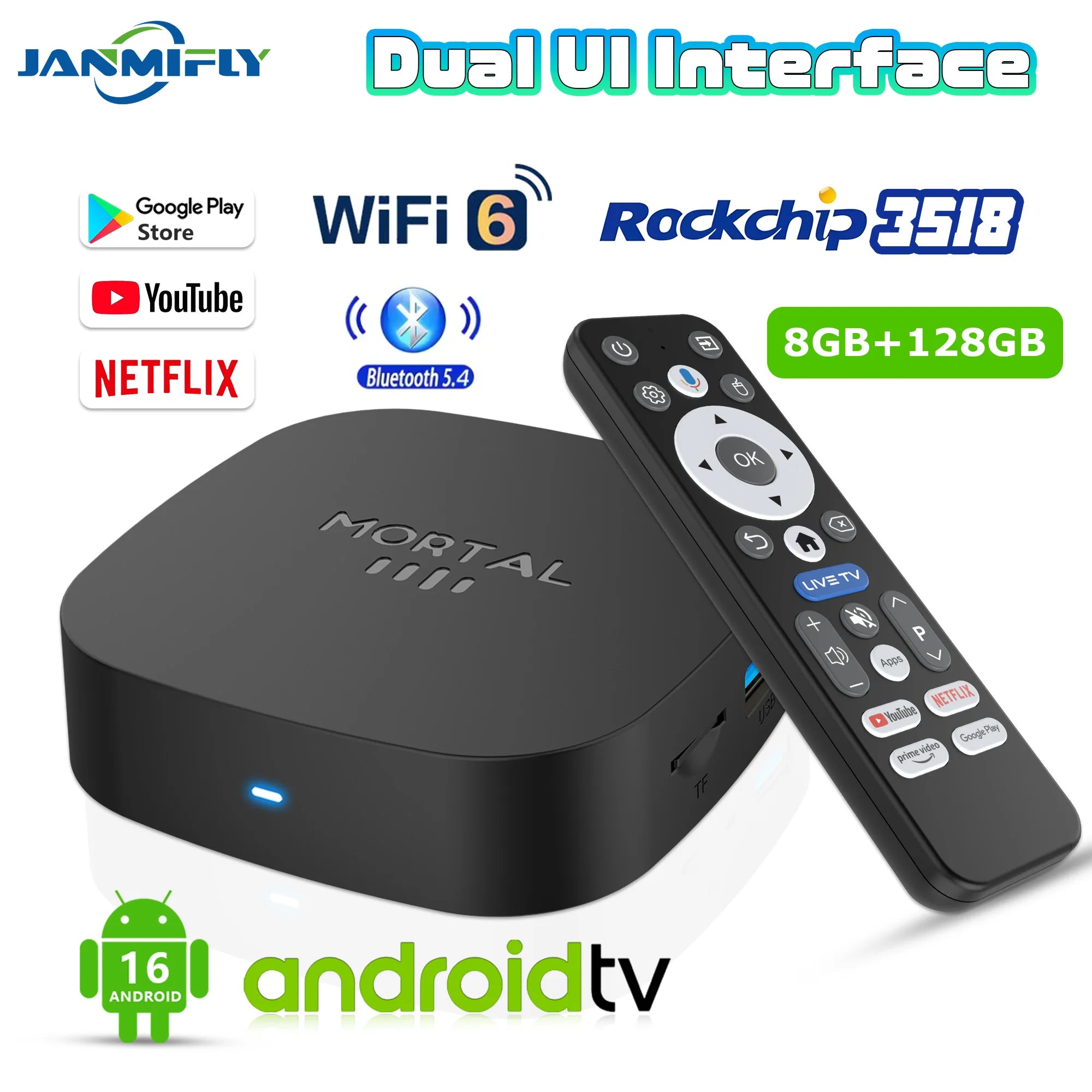 Novo T1+ 8K HD TV Box 2025 com Android 16.0, processador RK3518 Quad Core, 8GB de RAM, 128GB de ROM, Wi-Fi duplo 2.4G/5.8G e leitor de multimédia para cinema em casa.
