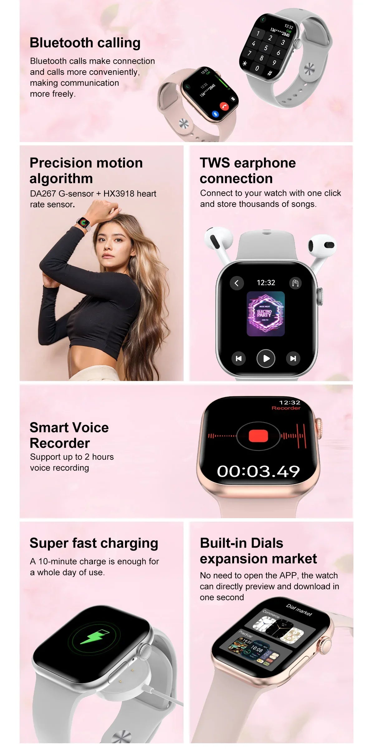 Novo Smartwatch DT Watch X Mini com Menu 3D, Vídeo, TWS, IA, Voz, Bússola, Teste de Saúde e Desporto, Música e Ecrã AMOLED de 1,85 polegadas para Mulher.