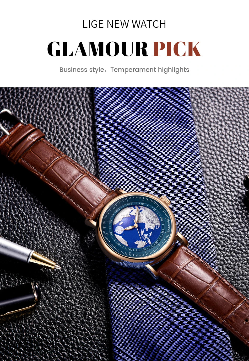 Relógio de pulso para homem LIGE Fashion Casual Quartz, em pele, luxuoso, estilo militar, desportivo, à prova de água, com um design inspirado na Terra e no Oceano.