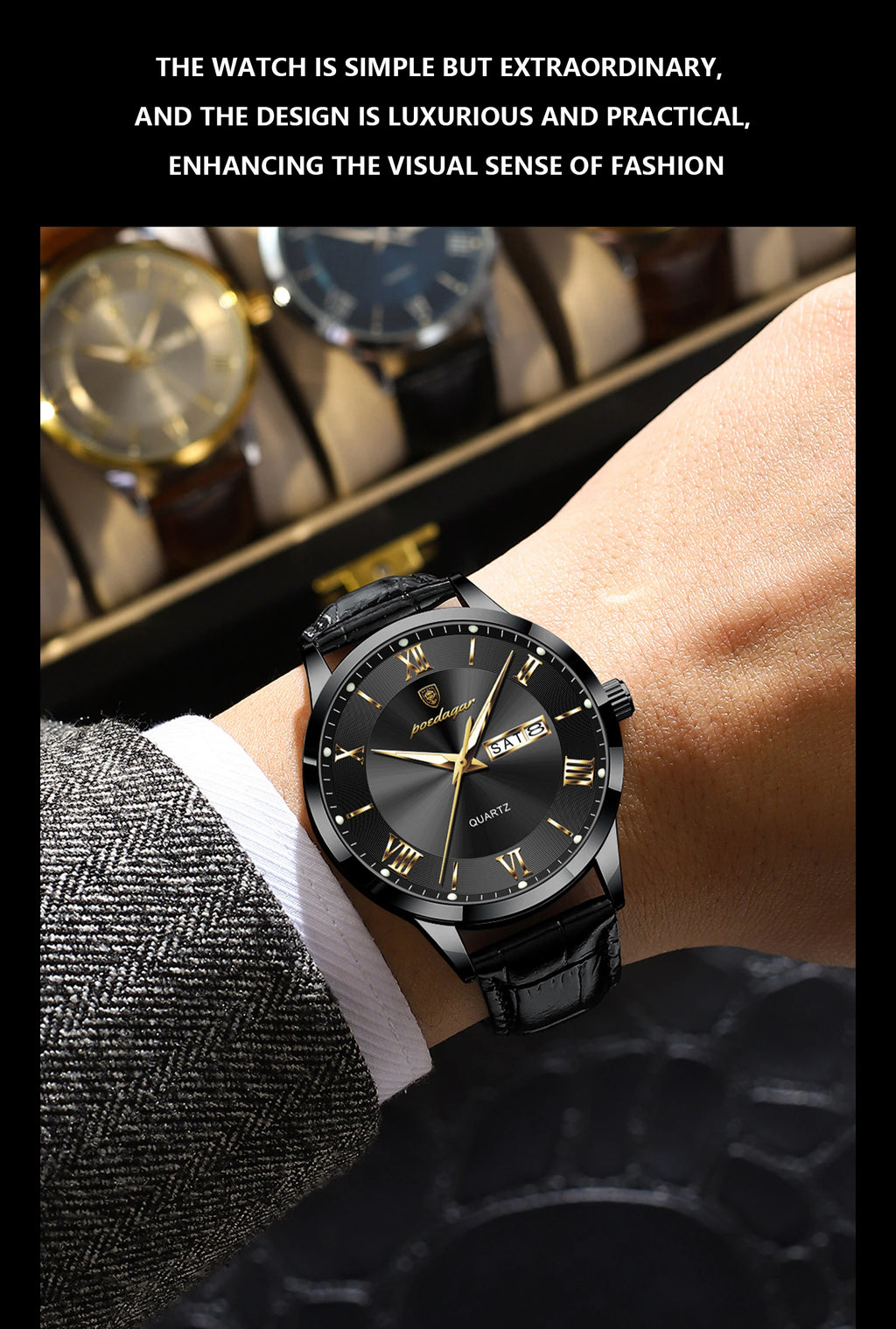 Relógio de pulso de luxo POEDAGAR para homem, à prova de água, com luminescência, data e indicador de semana, em pele, com mecanismo de quartzo. Um relógio de pulso masculino requintado.