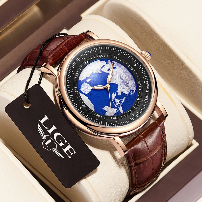 Relógio de pulso para homem LIGE Fashion Casual Quartz, em pele, luxuoso, estilo militar, desportivo, à prova de água, com um design inspirado na Terra e no Oceano.