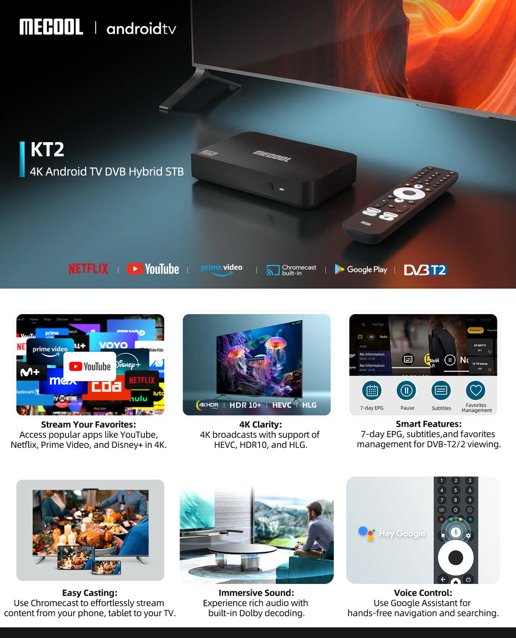MECOOL KT2 TV Box Android 2025 DVB-T2 Smart TV ip tv tvbox Amlogic S905Y4 Netflix 4KChromecast android 12 14 Global Console