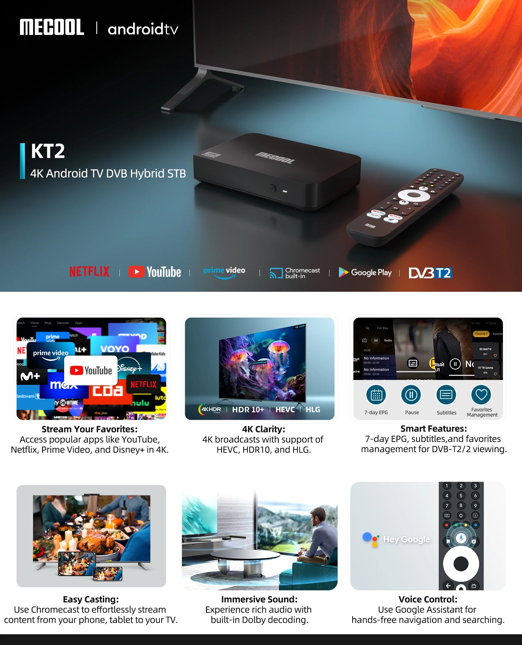 MECOOL KT2 TV Box Android 2025 DVB-T2 Smart TV ip tv tvbox Amlogic S905Y4 Netflix 4KChromecast android 12 14 Global Console