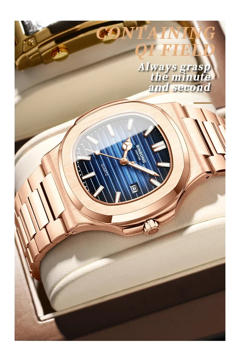 Novo relógio masculino casual de negócios em ouro rosa