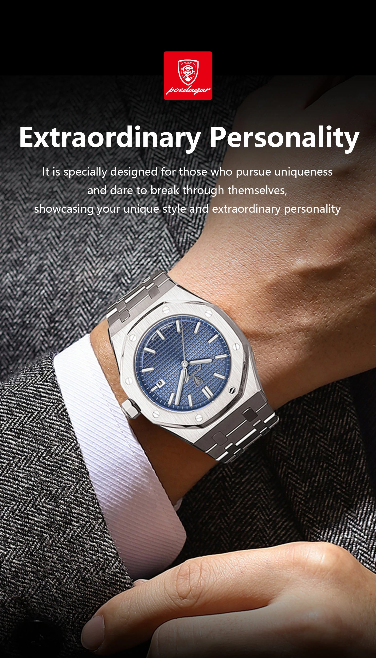 Relógio de pulso de luxo para homem, POEDAGAR, original, com data, luminoso, à prova de água, em aço inoxidável, estilo executivo e moderno, com mecanismo de quartzo.