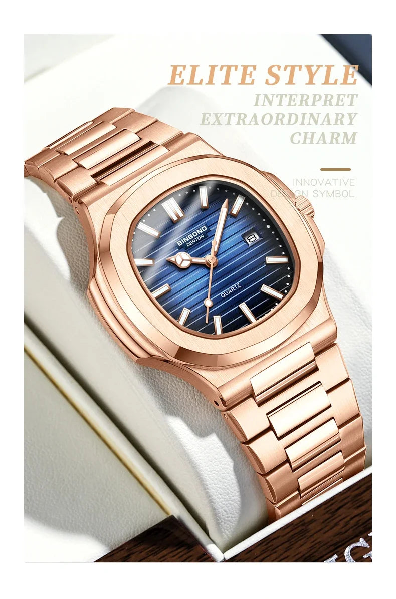 Novo relógio masculino casual de negócios em ouro rosa