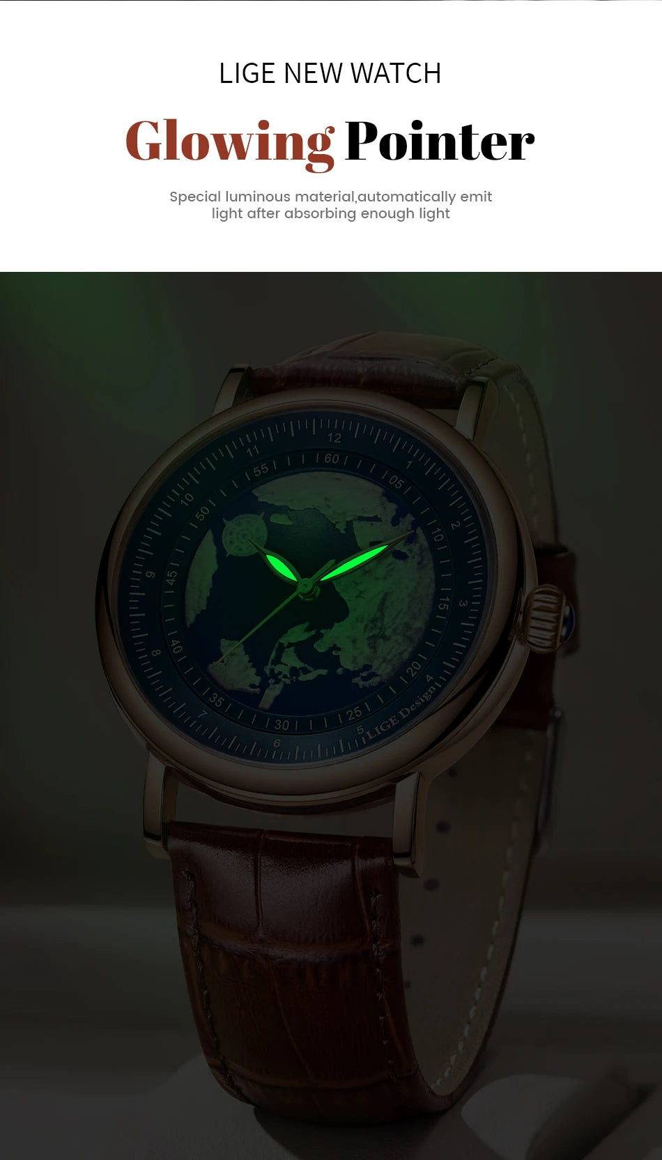 Relógio de pulso para homem LIGE Fashion Casual Quartz, em pele, luxuoso, estilo militar, desportivo, à prova de água, com um design inspirado na Terra e no Oceano.