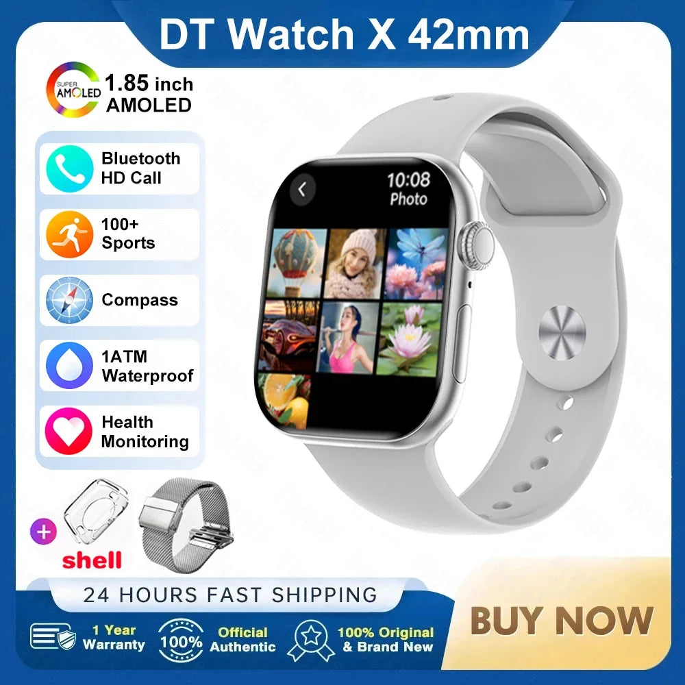 Novo Smartwatch DT Watch X Mini com Menu 3D, Vídeo, TWS, IA, Voz, Bússola, Teste de Saúde e Desporto, Música e Ecrã AMOLED de 1,85 polegadas para Mulher.