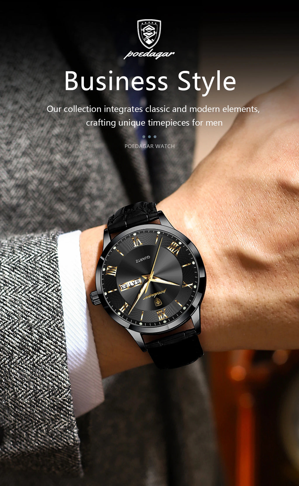 Relógio de pulso de luxo POEDAGAR para homem, à prova de água, com luminescência, data e indicador de semana, em pele, com mecanismo de quartzo. Um relógio de pulso masculino requintado.