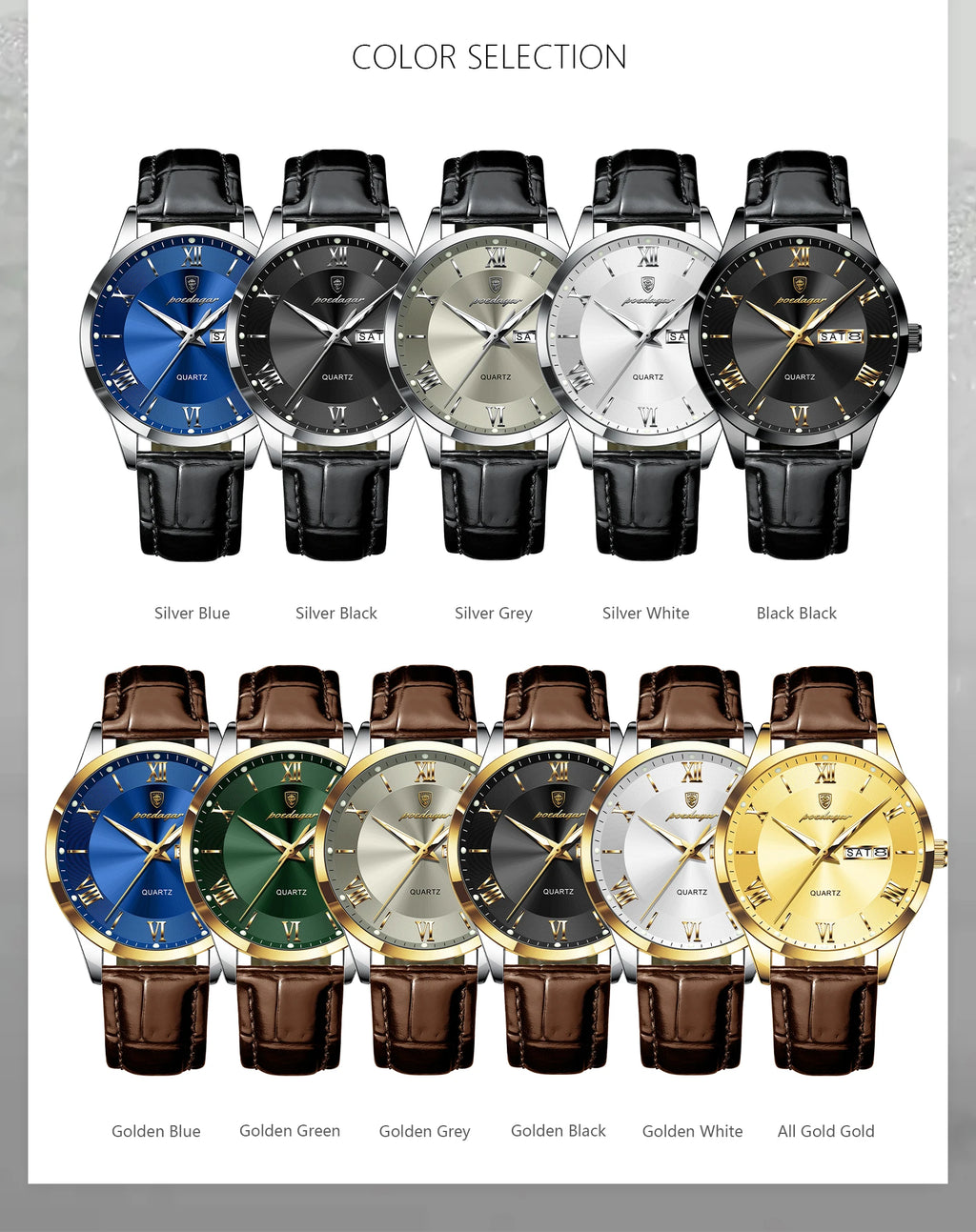 Relógio de pulso de luxo POEDAGAR para homem, à prova de água, com luminescência, data e indicador de semana, em pele, com mecanismo de quartzo. Um relógio de pulso masculino requintado.