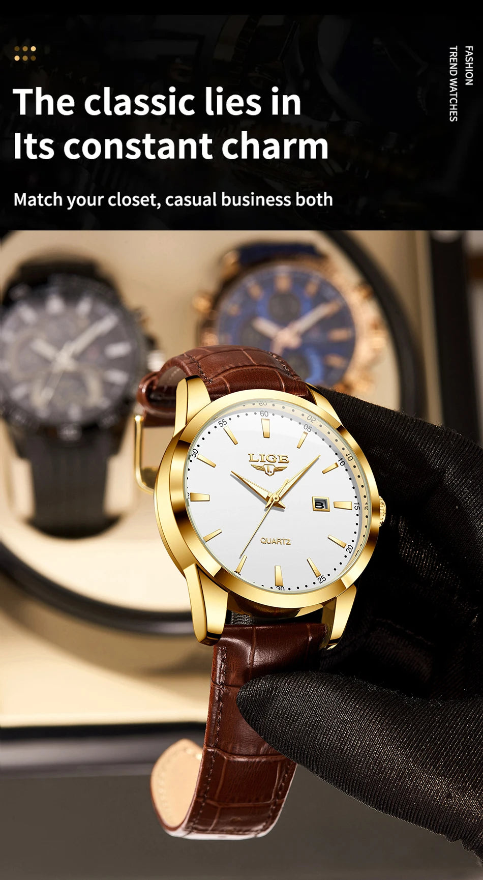 Relógio LIGE para Homem, Marca Top de Luxo, Relógio de Pulso em Pele Preta para Homem, Estilo Militar Desportivo, Resistente à Água, Quartzo.