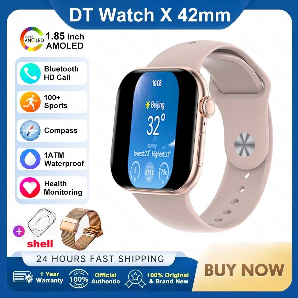 Novo Smartwatch DT Watch X Mini com Menu 3D, Vídeo, TWS, IA, Voz, Bússola, Teste de Saúde e Desporto, Música e Ecrã AMOLED de 1,85 polegadas para Mulher.