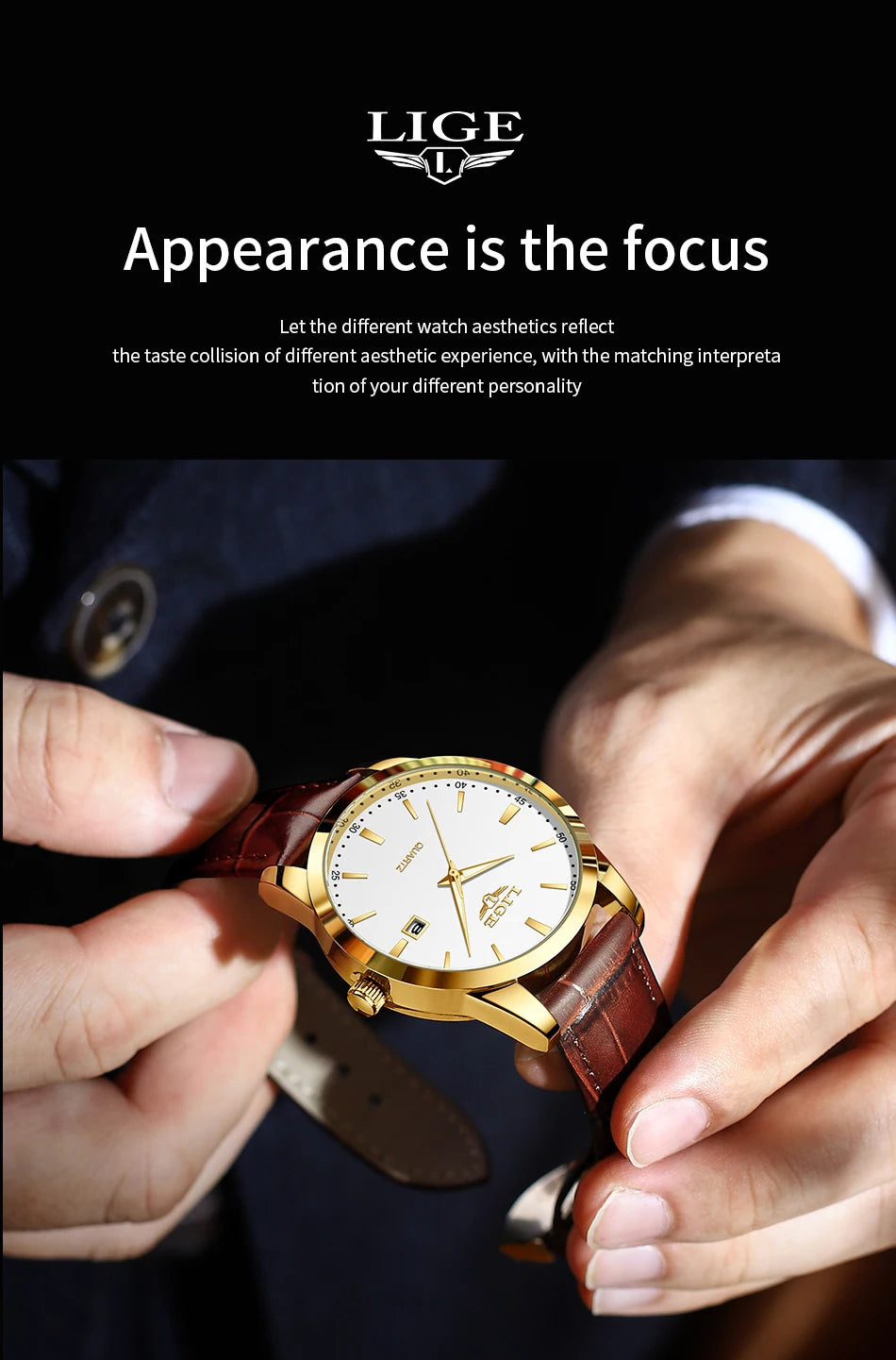 Relógio LIGE para Homem, Marca Top de Luxo, Relógio de Pulso em Pele Preta para Homem, Estilo Militar Desportivo, Resistente à Água, Quartzo.